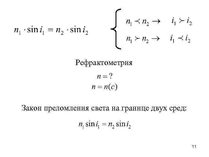 Рефрактометрия Закон преломления света на границе двух сред: 11 