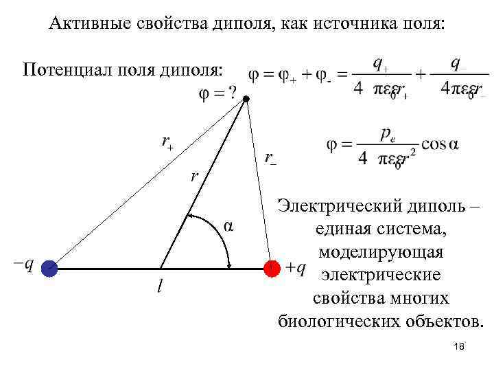 Активные свойства диполя, как источника поля: Потенциал поля диполя: Электрический диполь – единая система,