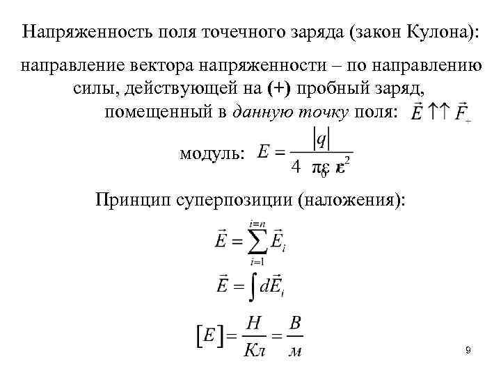 Напряженность поля точечного заряда (закон Кулона): направление вектора напряженности – по направлению силы, действующей