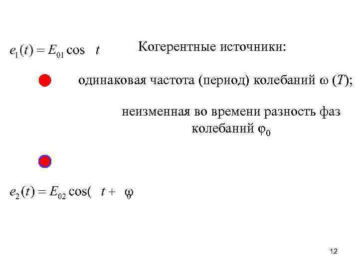 Когерентные источники: одинаковая частота (период) колебаний ω (Т); неизменная во времени разность фаз колебаний