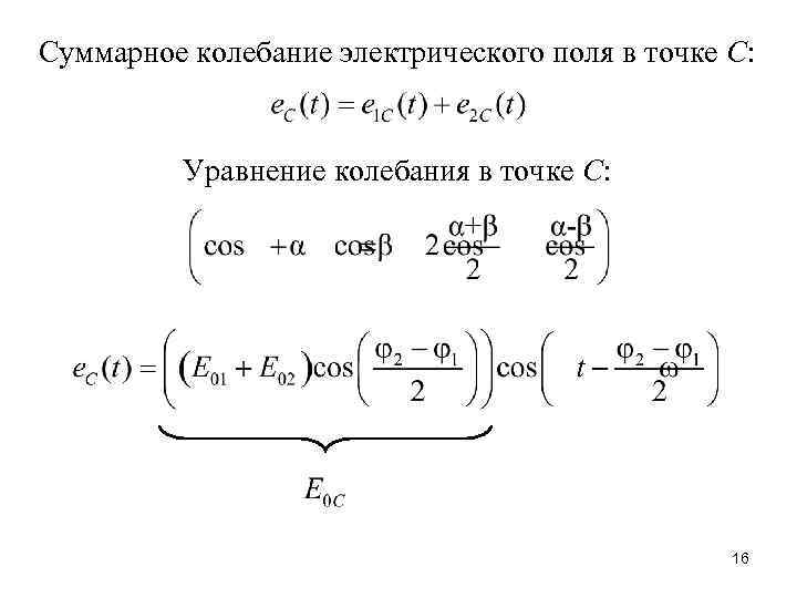Суммарное колебание электрического поля в точке С: Уравнение колебания в точке С: 16 
