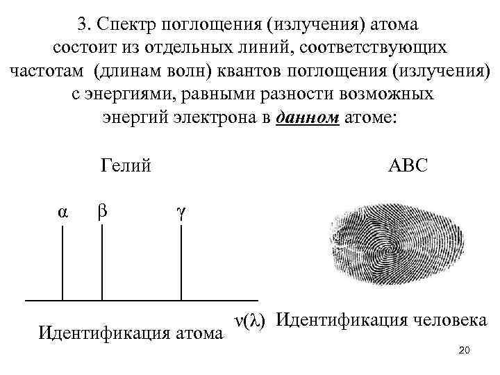 3. Спектр поглощения (излучения) атома состоит из отдельных линий, соответствующих частотам (длинам волн) квантов