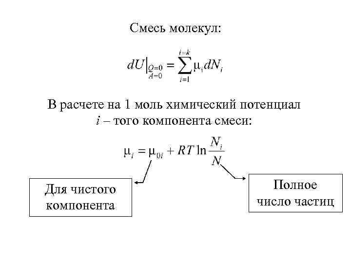 Смесь молекул: В расчете на 1 моль химический потенциал i – того компонента смеси: