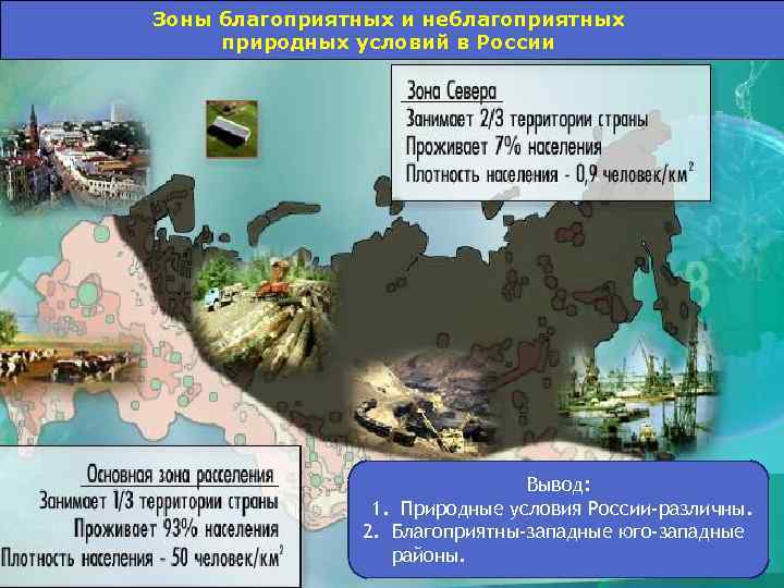 Зоны благоприятных и неблагоприятных природных условий в России Вывод: 1. Природные условия России-различны. 2.