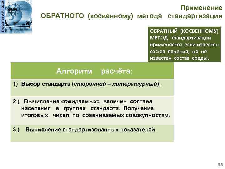 Глушаков А. И. , 2009 Применение ОБРАТНОГО (косвенному) метода стандартизации ОБРАТНЫЙ (КОСВЕННОМУ) МЕТОД стандартизации