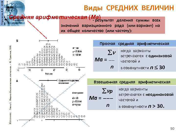 Средняя арифметическая (Ма) - результат деления суммы всех значений вариационного ряда (или вариант) на