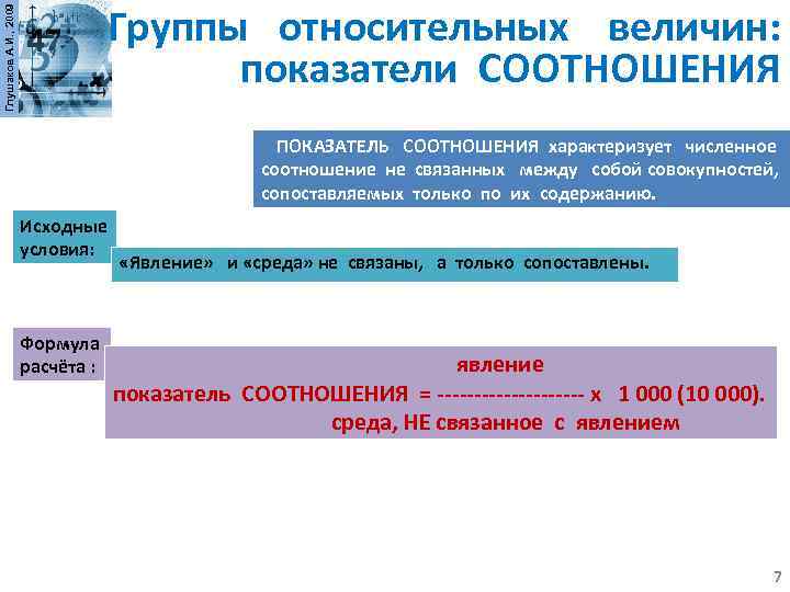 Глушаков А. И. , 2009 Группы относительных величин: показатели СООТНОШЕНИЯ ПОКАЗАТЕЛЬ СООТНОШЕНИЯ характеризует численное