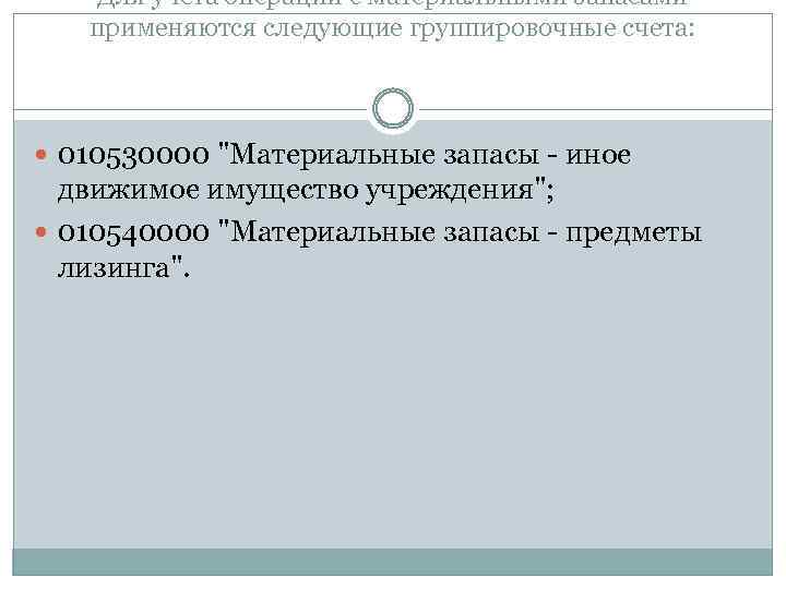 Для учета операций с материальными запасами применяются следующие группировочные счета: 010530000 "Материальные запасы -