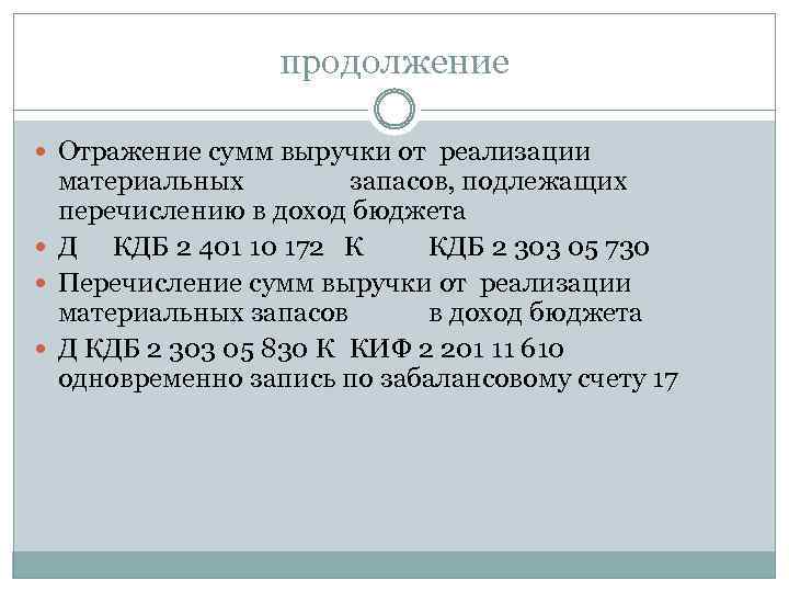 продолжение Отражение сумм выручки от реализации материальных запасов, подлежащих перечислению в доход бюджета Д