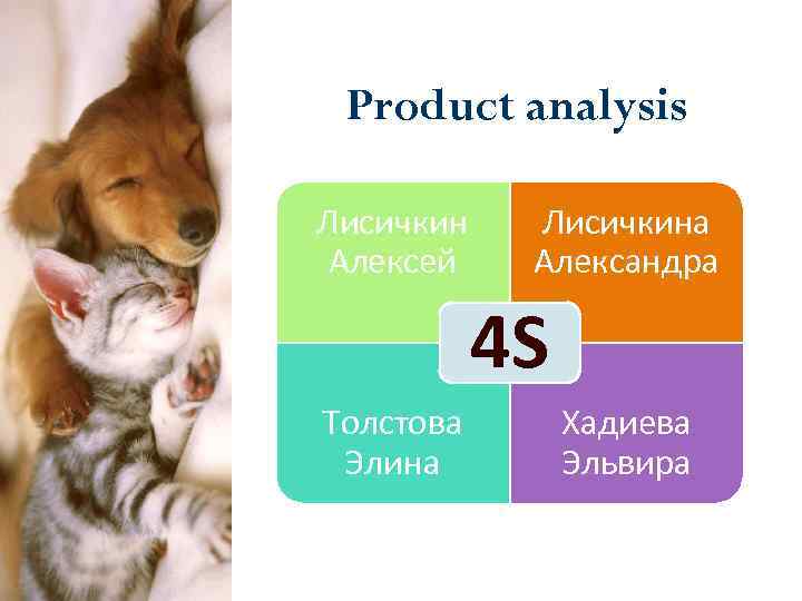 Product analysis Лисичкин Алексей Лисичкина Александра 4 S Толстова Элина Хадиева Эльвира 