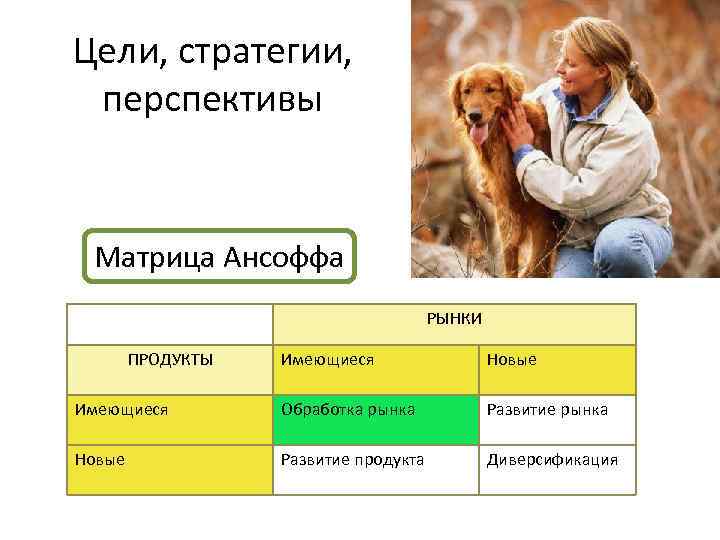 Цели, стратегии, перспективы Матрица Ансоффа РЫНКИ ПРОДУКТЫ Имеющиеся Новые Имеющиеся Обработка рынка Развитие рынка