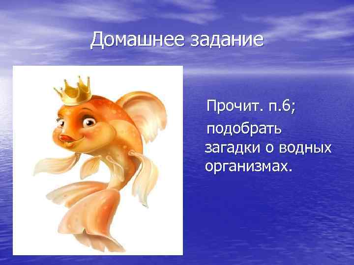 Домашнее задание Прочит. п. 6; подобрать загадки о водных организмах. 