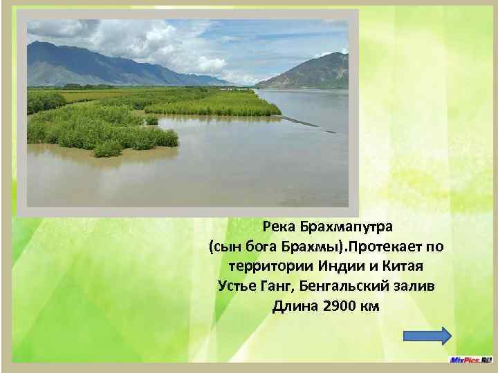  Река Брахмапутра (сын бога Брахмы). Протекает по территории Индии и Китая Устье Ганг,