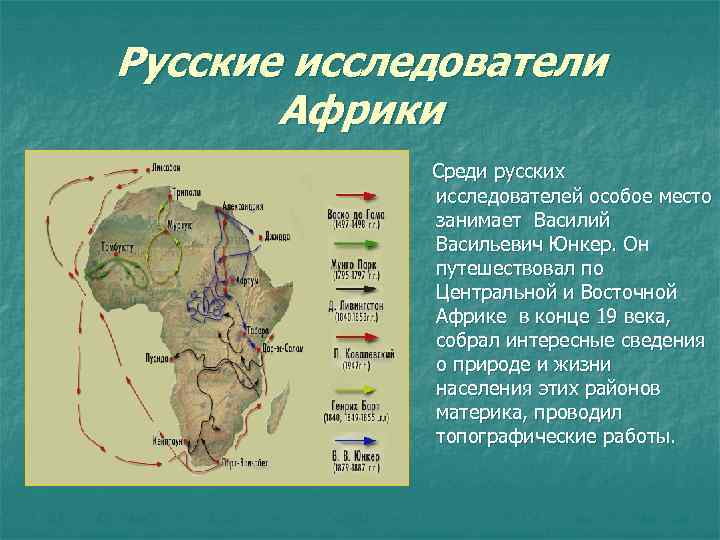 Русские исследователи Африки Среди русских исследователей особое место занимает Василий Васильевич Юнкер. Он путешествовал