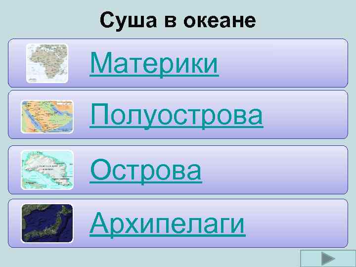 Суша в океане Материки Полуострова Острова Архипелаги 