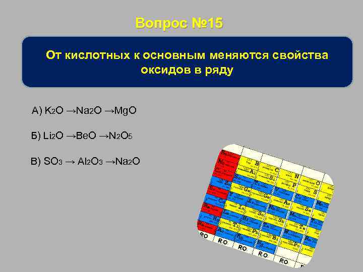 Вопрос № 15 От кислотных к основным меняются свойства оксидов в ряду А) K