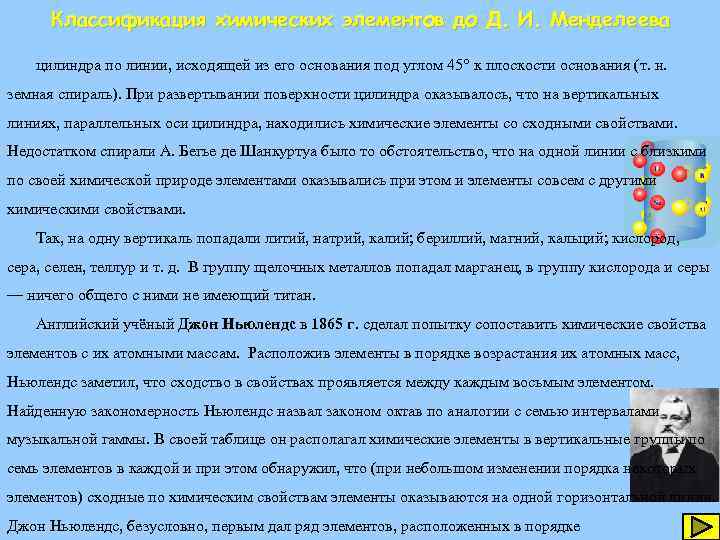 Классификация химических элементов до Д. И. Менделеева цилиндра по линии, исходящей из его основания