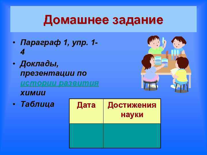 Домашнее задание • Параграф 1, упр. 14 • Доклады, презентации по истории развития химии