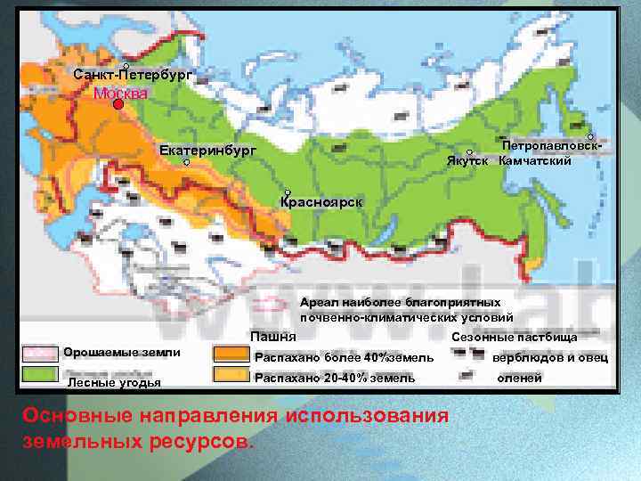 Санкт-Петербург Москва Петропавловск. Якутск Камчатский Екатеринбург Красноярск Ареал наиболее благоприятных почвенно-климатических условий Пашня Орошаемые