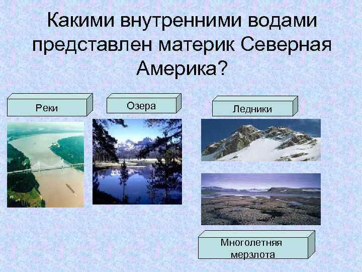 Какими внутренними водами представлен материк Северная Америка? Реки Озера Ледники Многолетняя мерзлота 
