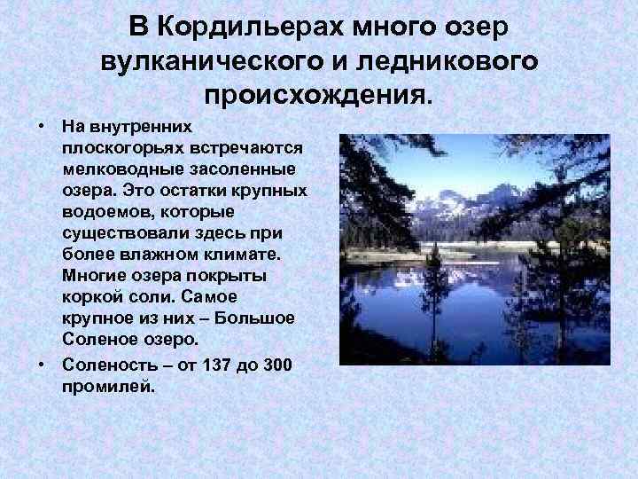 В Кордильерах много озер вулканического и ледникового происхождения. • На внутренних плоскогорьях встречаются мелководные
