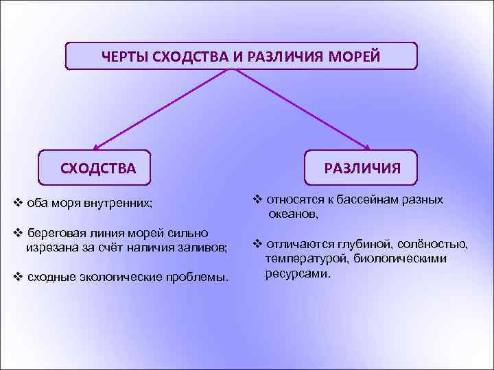 ЧЕРТЫ СХОДСТВА И РАЗЛИЧИЯ МОРЕЙ СХОДСТВА v оба моря внутренних; v береговая линия морей