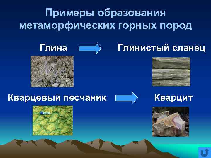 Примеры образования метаморфических горных пород Глина Глинистый сланец Кварцевый песчаник Кварцит 