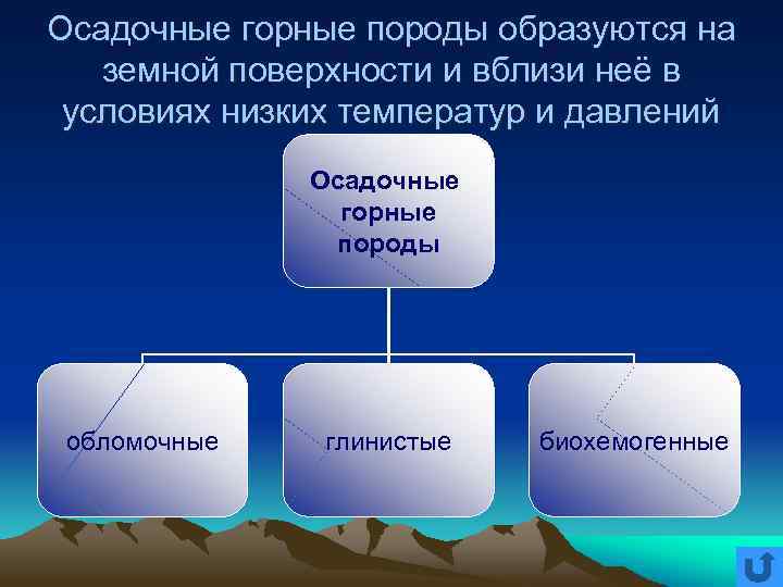 Осадочные горные породы образуются на земной поверхности и вблизи неё в условиях низких температур