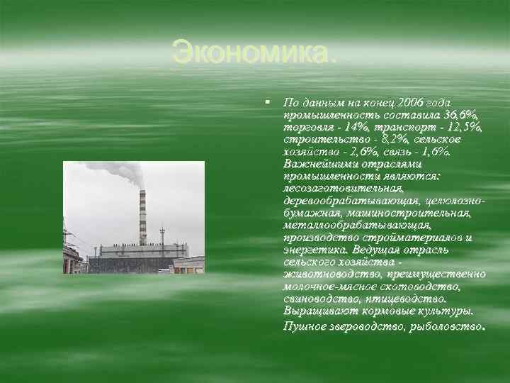 Экономика. § По данным на конец 2006 года промышленность составила 36, 6%, торговля -