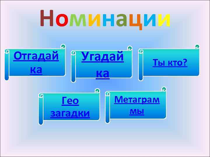 Номинации Отгадай ка Угадай ка Гео загадки Ты кто? Метаграм мы 