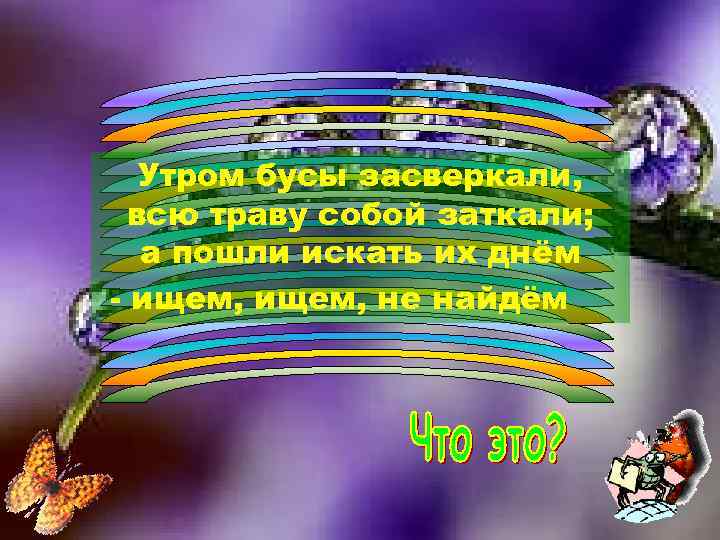 Утром бусы засверкали, всю траву собой заткали; а пошли искать их днём - ищем,
