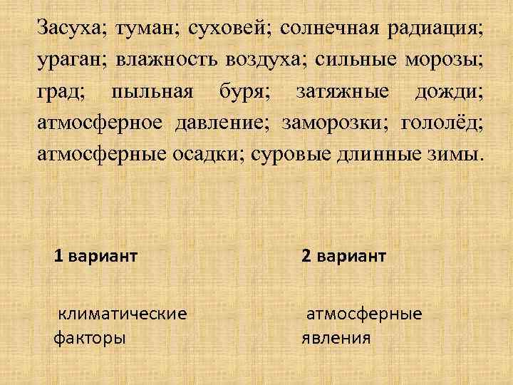 Засуха; туман; суховей; солнечная радиация; ураган; влажность воздуха; сильные морозы; град; пыльная буря; затяжные