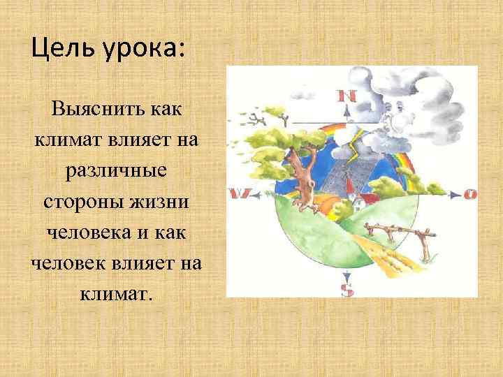 Цель урока: Выяснить как климат влияет на различные стороны жизни человека и как человек