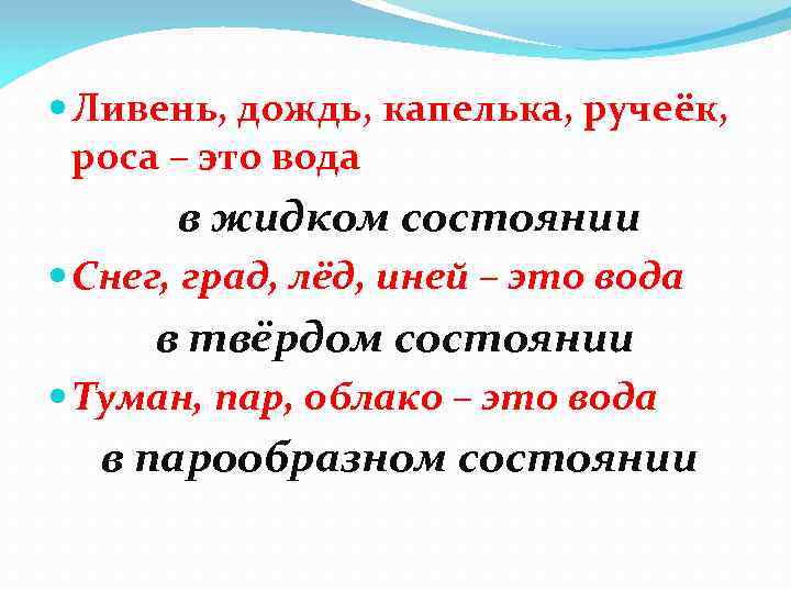  Ливень, дождь, капелька, ручеёк, роса – это вода в жидком состоянии Снег, град,