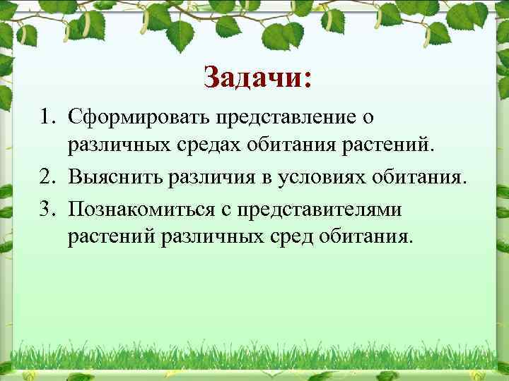 Задачи: 1. Сформировать представление о различных средах обитания растений. 2. Выяснить различия в условиях