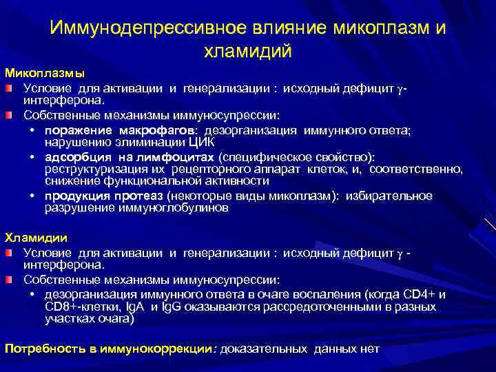 Иммунодепрессивное влияние микоплазм и хламидий Микоплазмы Условие для активации и генерализации : исходный дефицит