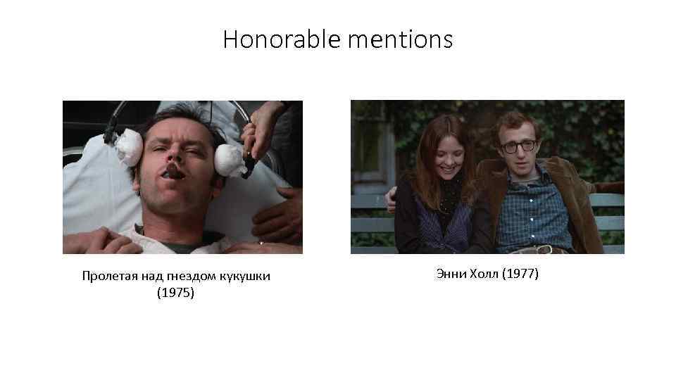 Honorable mentions Пролетая над гнездом кукушки (1975) Энни Холл (1977) 