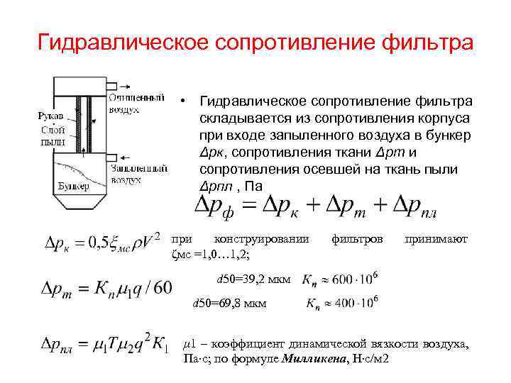Гидравлическое сопротивление фильтра • Гидравлическое сопротивление фильтра складывается из сопротивления корпуса при входе запыленного