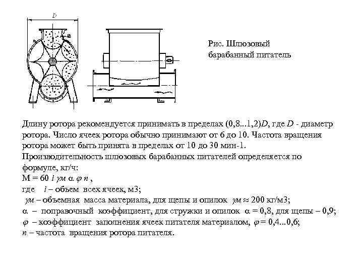 Рис. Шлюзовый барабанный питатель Длину ротора рекомендуется принимать в пределах (0, 8. . .