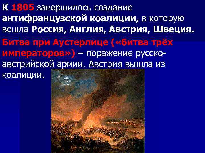 К 1805 завершилось создание антифранцузской коалиции, в которую вошла Россия, Англия, Австрия, Швеция. Битва