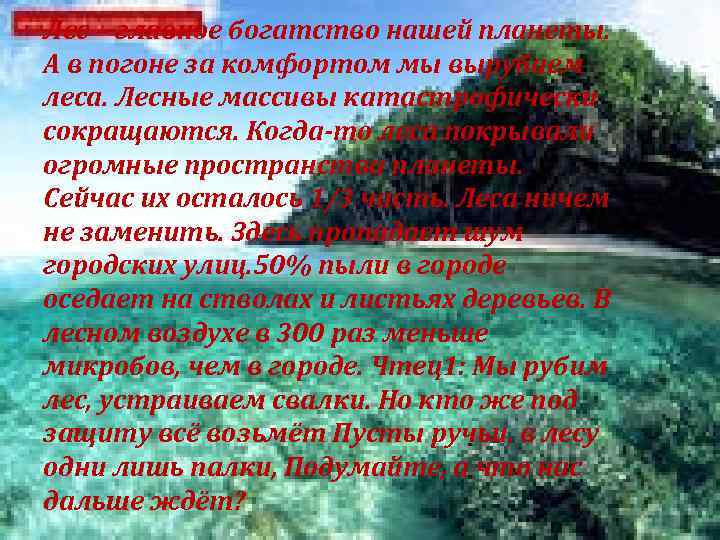 Лес – главное богатство нашей планеты. А в погоне за комфортом мы вырубаем леса.