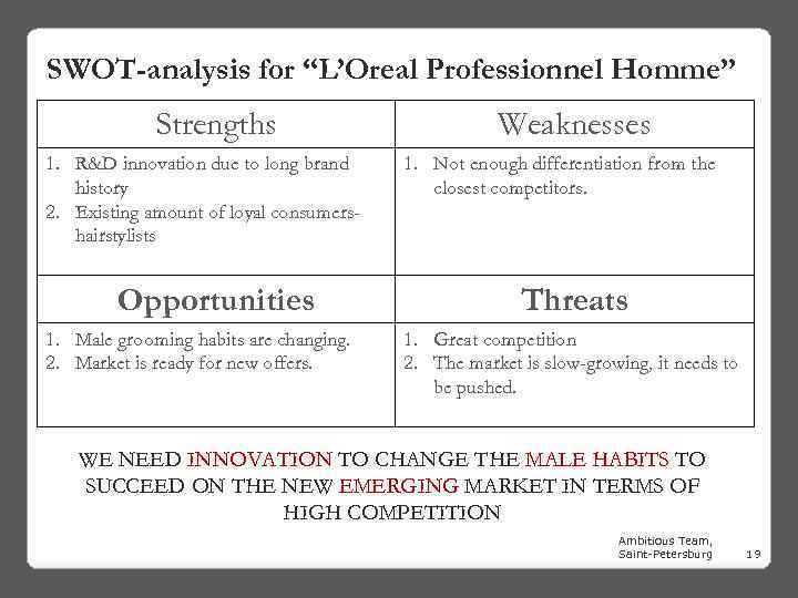 SWOT-analysis for “L’Oreal Professionnel Homme” Strengths 1. R&D innovation due to long brand history