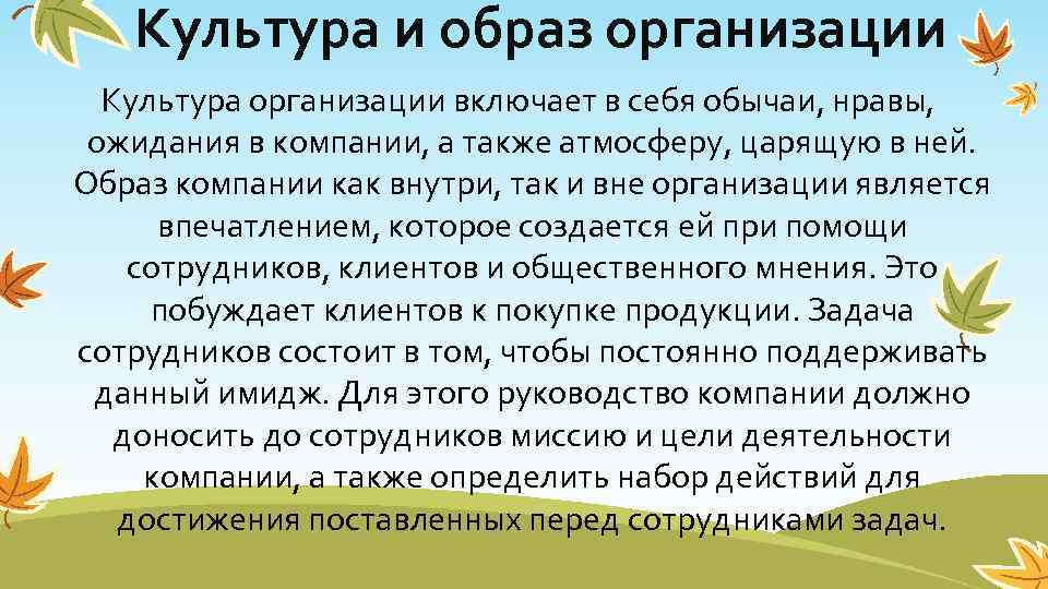 Культура и образ организации Культура организации включает в себя обычаи, нравы, ожидания в компании,