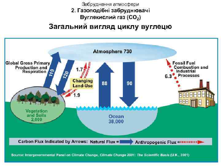 Забруднення атмосфери 2. Газоподібні забруднювачі Вуглекислий газ (СО 2) Загальний вигляд циклу вуглецю 