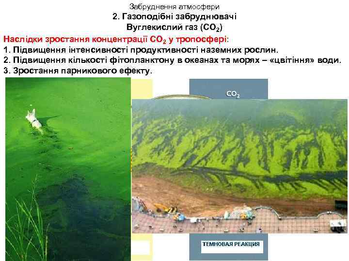 Забруднення атмосфери 2. Газоподібні забруднювачі Вуглекислий газ (СО 2) Наслідки зростання концентрації СО 2