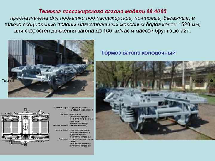 Тележка пассажирского вагона модели 68 -4065 предназначена для подкатки под пассажирские, почтовые, багажные, а
