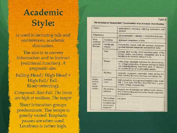 Academic Style: is used in lecturing talk and conferences, academic discussion. The aim is