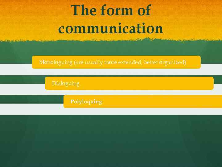 The form of communication Monologuing (are usually more extended, better organized) Dialoguing Polyloquing 