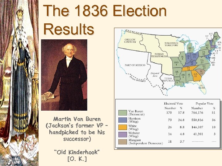 The 1836 Election Results Martin Van Buren (Jackson’s former VP – handpicked to be