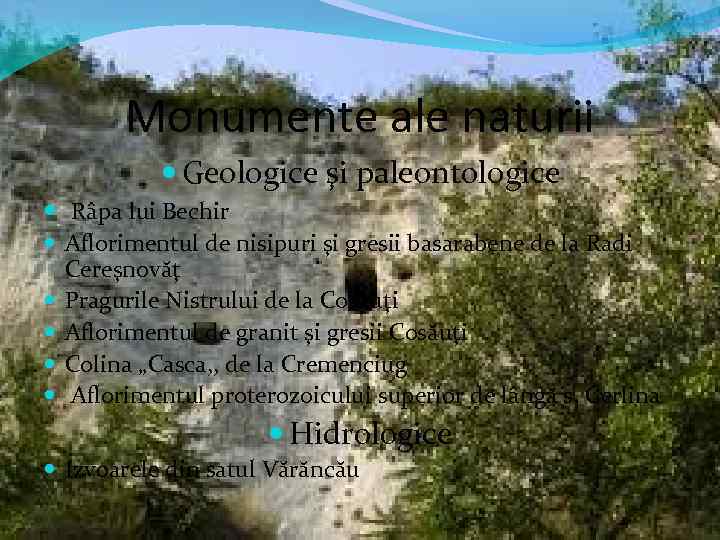 Monumente ale naturii Geologice şi paleontologice Râpa lui Bechir Aflorimentul de nisipuri şi gresii